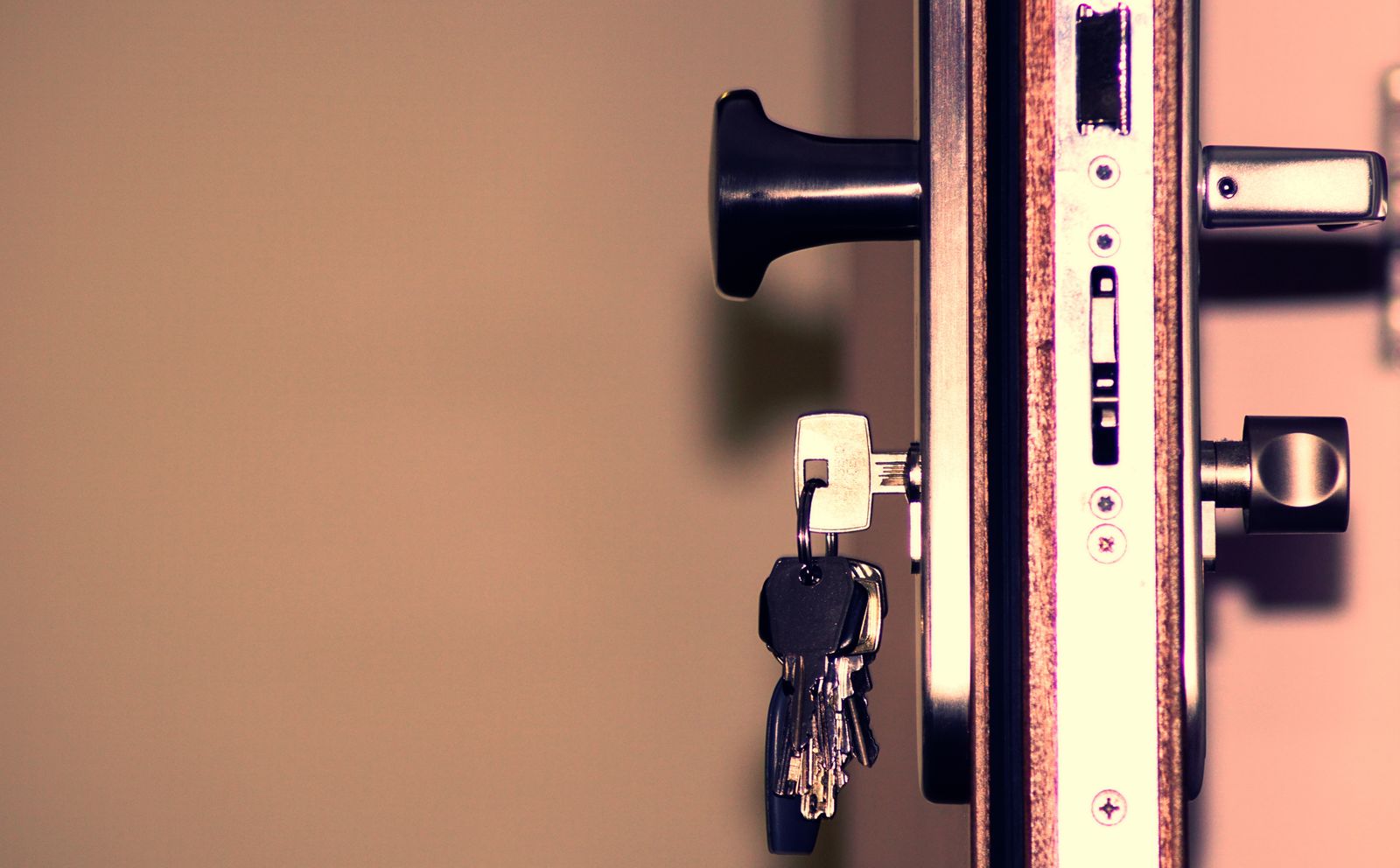 A close-up of a bunch of keys hanging from a lock in a wooden door.