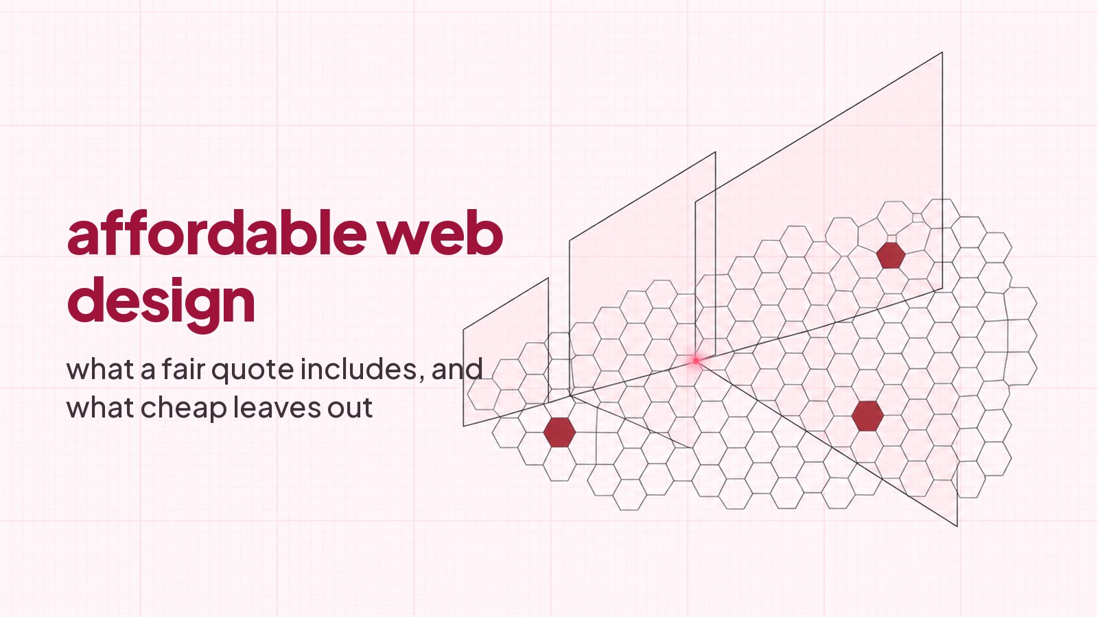 A blueprint style drawing on faint pink graph paper: three translucent planes stepping up in size from left to right over a lattice of hexagonal cells, three cells filled deep red, with the heading affordable web design typeset on the left.