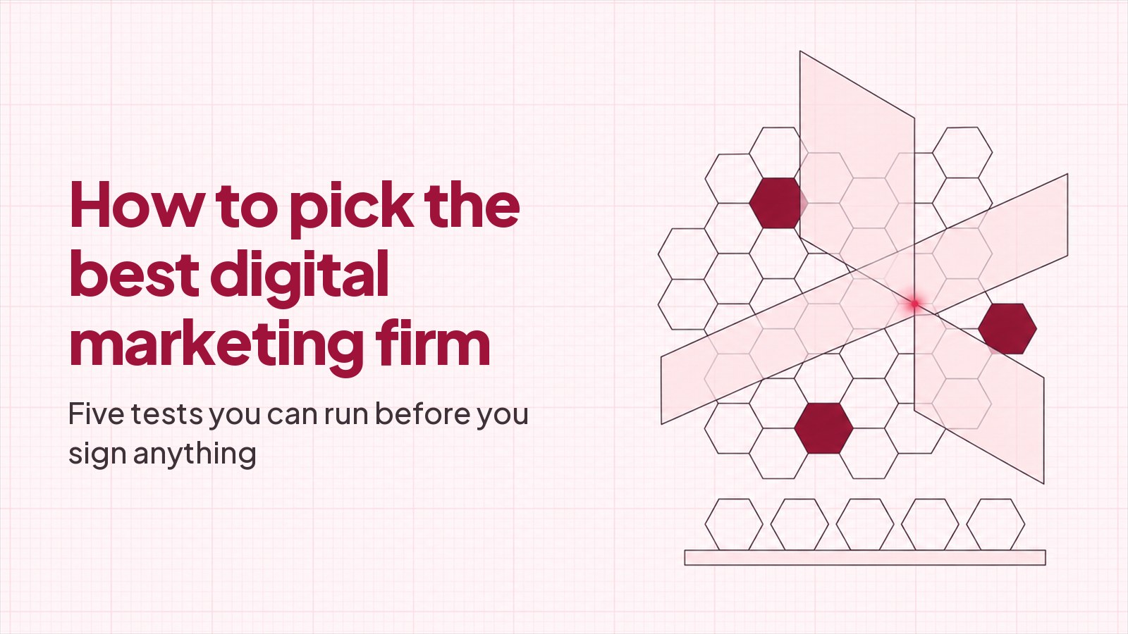 A blueprint style drawing on faint pink graph paper: a lattice of hexagonal cells crossed by two translucent planes, three cells filled deep red, and a row of five equal cells resting on a single long rule beneath them.
