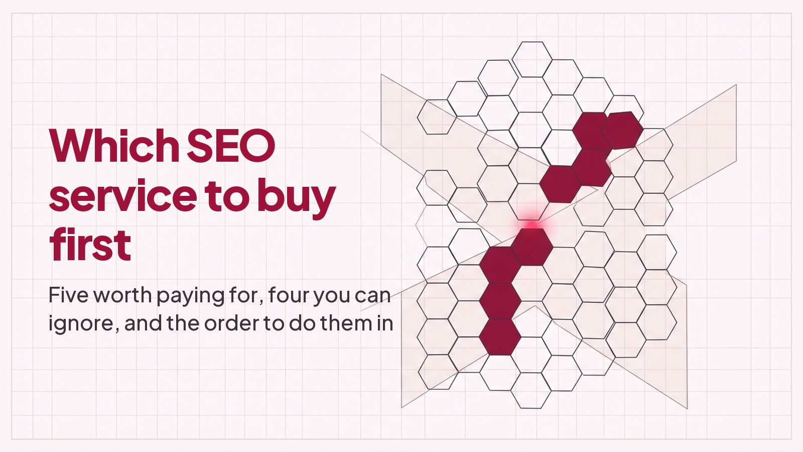 A technical blueprint line drawing on pale grid paper: a honeycomb of hexagonal cells with a run of them filled deep red, stepping down one below the next.