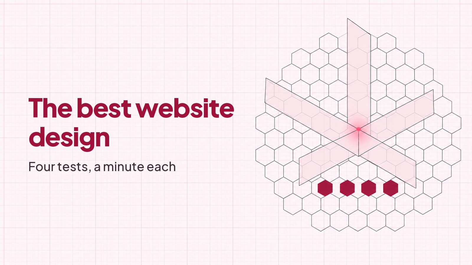 A blueprint style drawing on faint pink graph paper: a lattice of thin-outlined hexagonal cells with four of them filled solid deep red in a single level row, crossed by translucent blush planes with a small bright red glow where they meet, and the heading The best website design with the subheading Four tests, a minute each typeset on the empty left half.