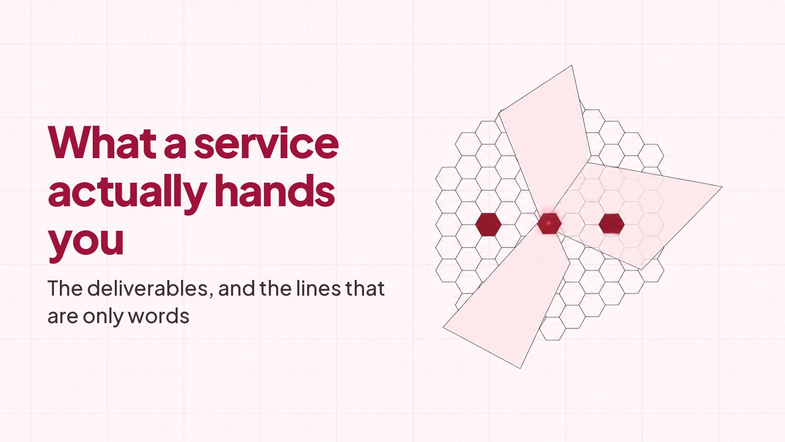 A blueprint drawing on faint pink graph paper: a honeycomb lattice crossed by two translucent planes, with a row of hexagons in which solid deep rose cells alternate with empty outlined ones.