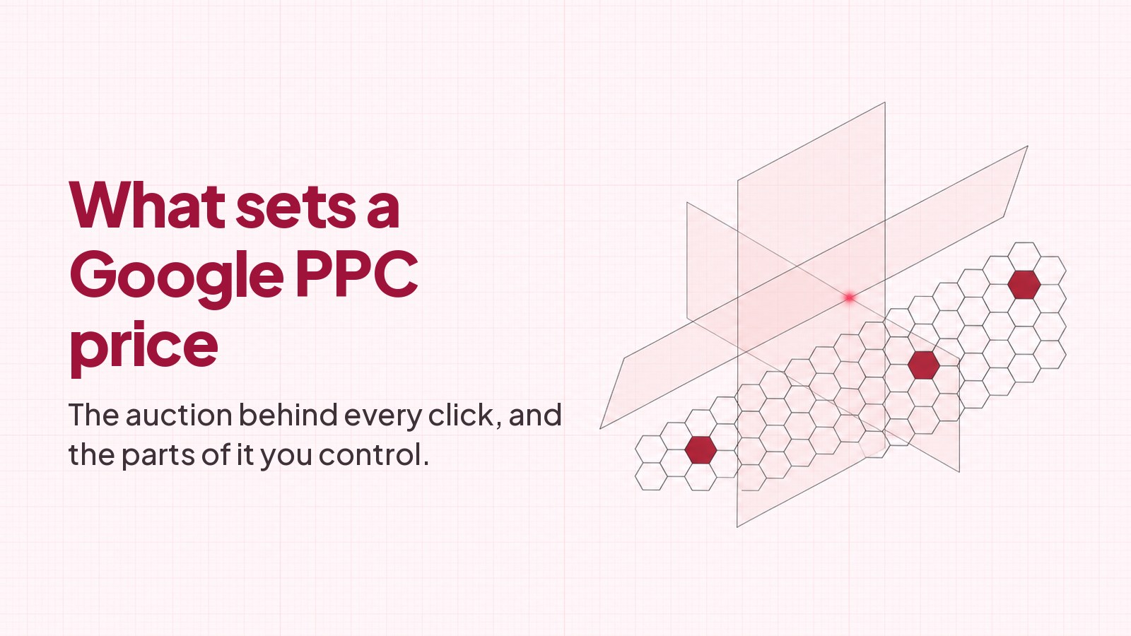 A blueprint style drawing on faint pink graph paper: a band of thin-outlined hexagonal cells rising from lower left to upper right with three of them filled solid deep red, crossed by two translucent blush planes that meet at a single small bright red point of light, with the heading What sets a Google PPC price typeset in the empty left half.