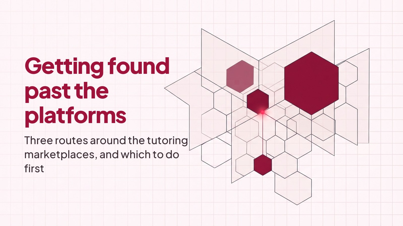 A technical blueprint line drawing on pale grid paper: a honeycomb of hexagonal cells with one small cell low in the lattice filled deep red, connected by a thin ruled line to a much larger filled cell above it.