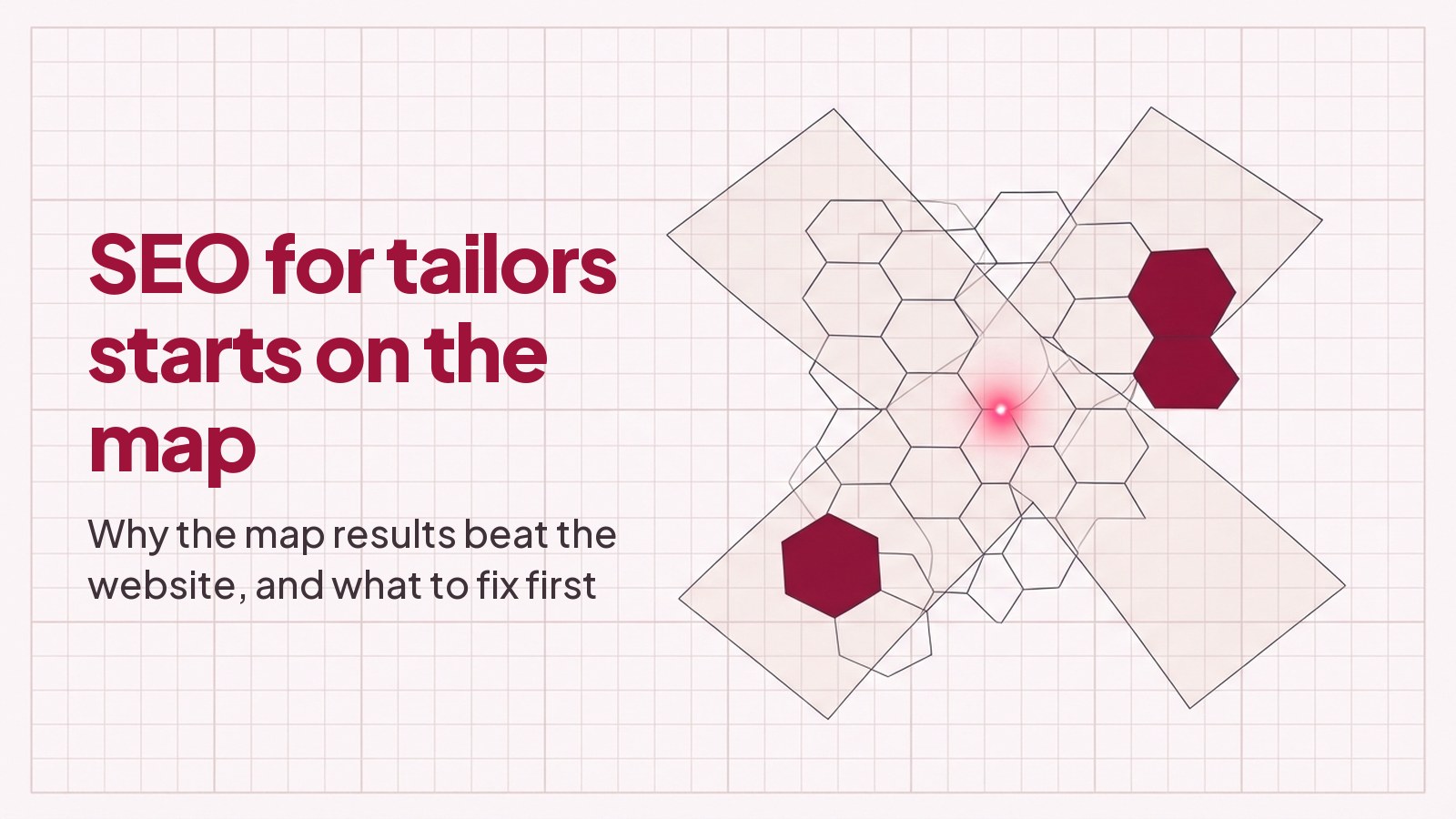 A technical blueprint line drawing on pale grid paper: two large translucent planes crossing at irregular angles over a honeycomb, like a pattern laid out for cutting, with three cells filled deep red.