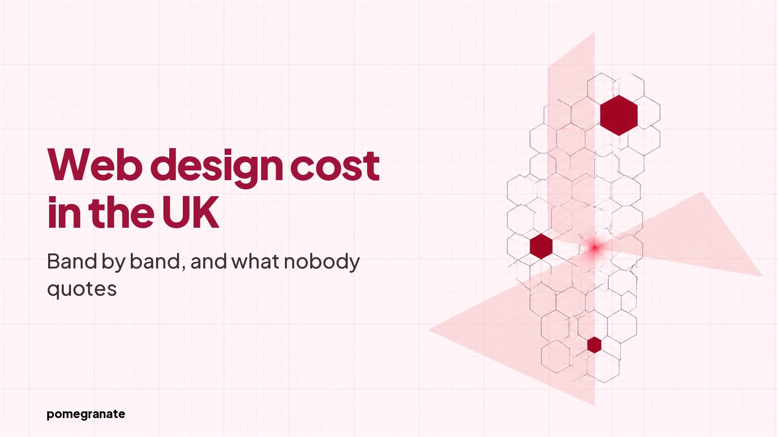 A blueprint style drawing on faint pink graph paper: a lattice of thin-outlined hexagonal cells with three filled deep red at three clearly different sizes, crossed by translucent blush planes, with the heading Web design cost in the empty left half.