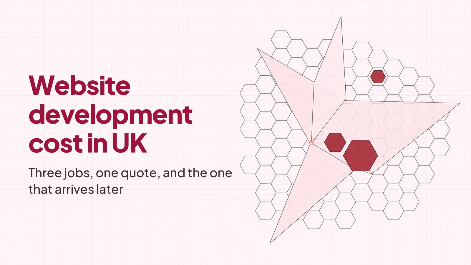A blueprint style drawing on faint pink graph paper: a honeycomb lattice of thin-outlined hexagonal cells crossed by translucent blush planes, with two cells filled deep red at clearly different sizes beside each other, and the heading Website development cost in UK in the empty left half.