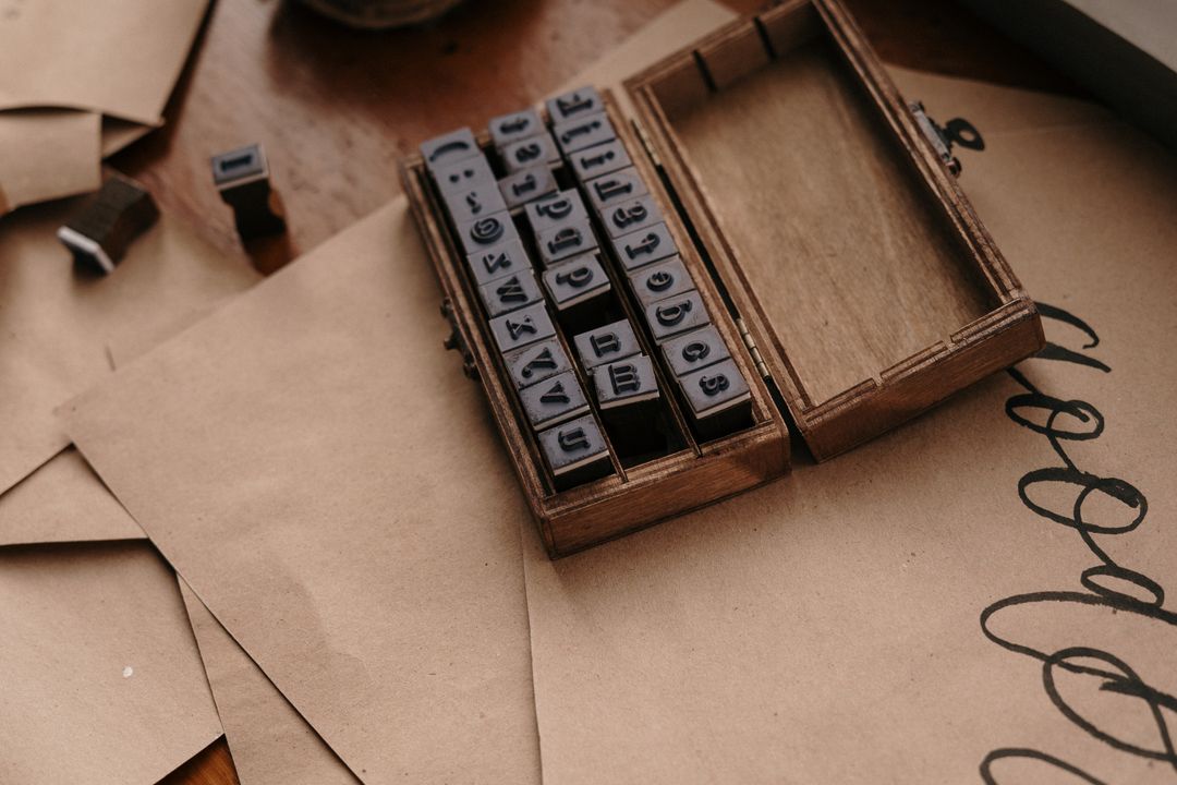 An open wooden box of rubber alphabet stamps resting on sheets of brown kraft paper, with two loose stamps beside it and an inked flourish drawn across the sheet.
