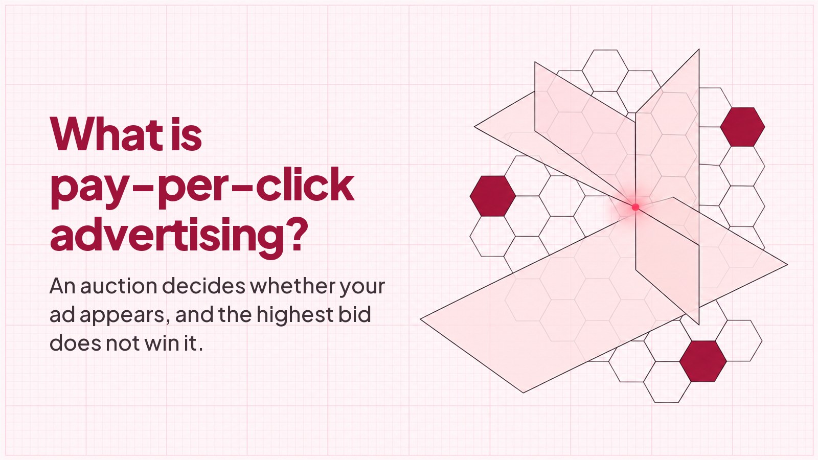 A blueprint style drawing on faint pink graph paper: a lattice of thin-outlined hexagonal cells with two filled solid deep red, crossed by two translucent planes of unequal size, the smaller one balanced higher than the larger, meeting at a small bright red point of light, with the heading typeset in the empty left half.