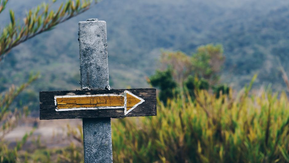 Close-up of a wooden directional signpost with an arrow, against a natural landscape backdrop.