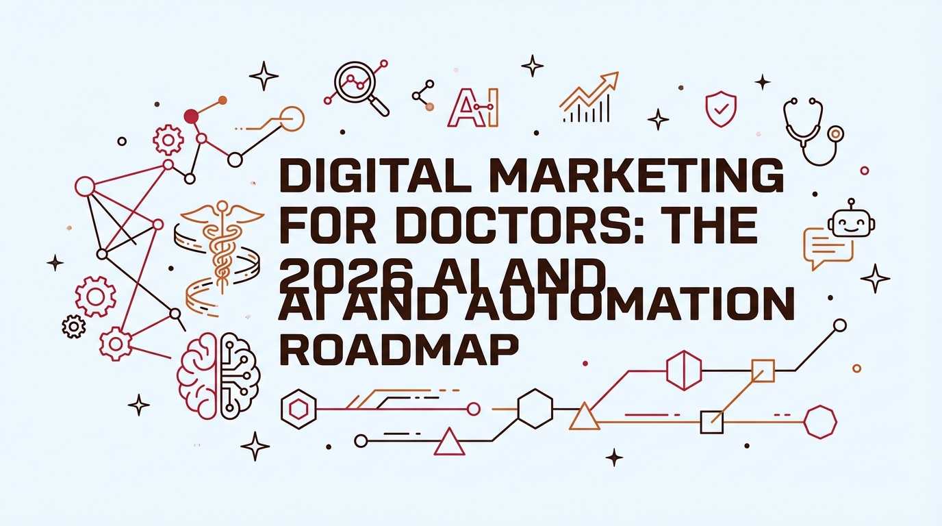 Featured title image for 'DIGITAL MARKETING FOR DOCTORS: THE 2026 AI AND AUTOMATION ROADMAP' — clean white background with thin-line medical icons (stethoscopes, a brain, the caduceus) and technology motifs (AI chip, gears, data charts and circuit patterns) in reddish-brown and gold tones; visually conveys modern digital marketing for doctors.
