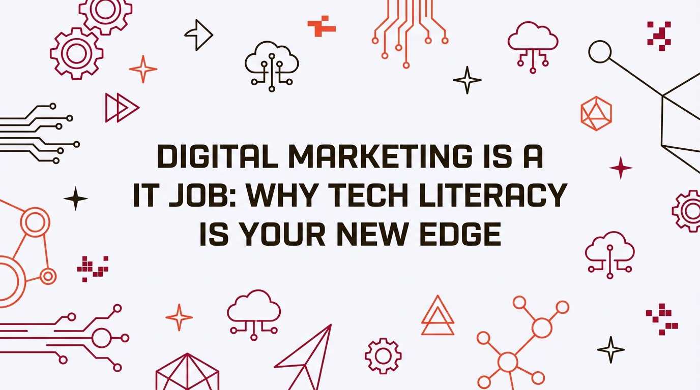 Featured image on a white background decorated with thin technical line icons — gears, cloud and circuit motifs — surrounding a bold central headline that reads 'DIGITAL MARKETING IS A IT JOB: WHY TECH LITERACY IS YOUR NEW EDGE.' Includes the phrase digital marketing is a it job and visual tech elements.