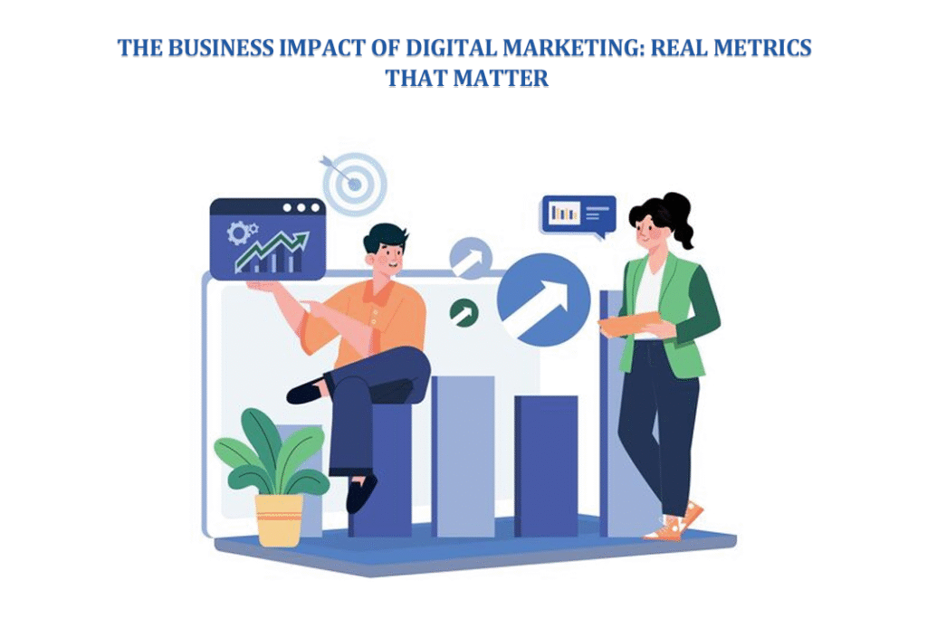 The Business Impact of Digital Marketing IImage with a man sitting on an abstract bar graph and a woman standing next to him. Plants in the room.